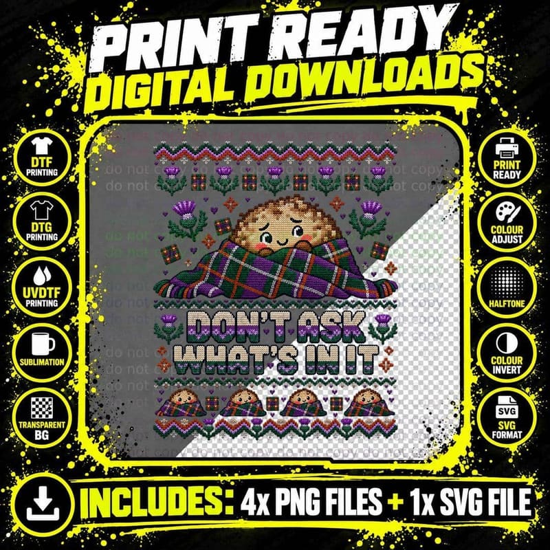 Haggis Christmas Ugly Sweater Scottish Tartan Thistle Png SVG Digital Bundle
