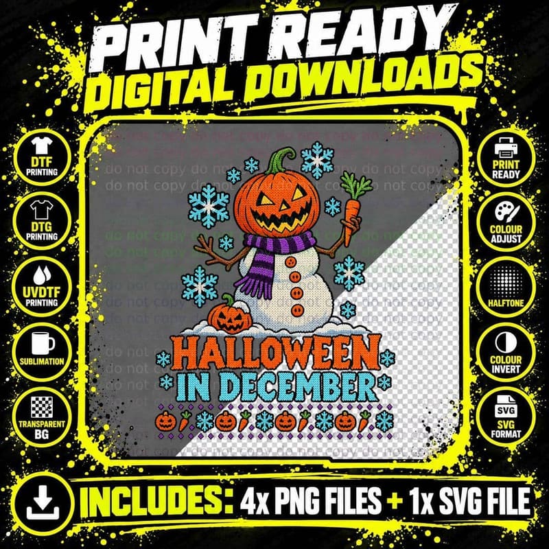 Halloween in December Pumpkin Snowman Ugly Sweater Png SVG Digital Bundle