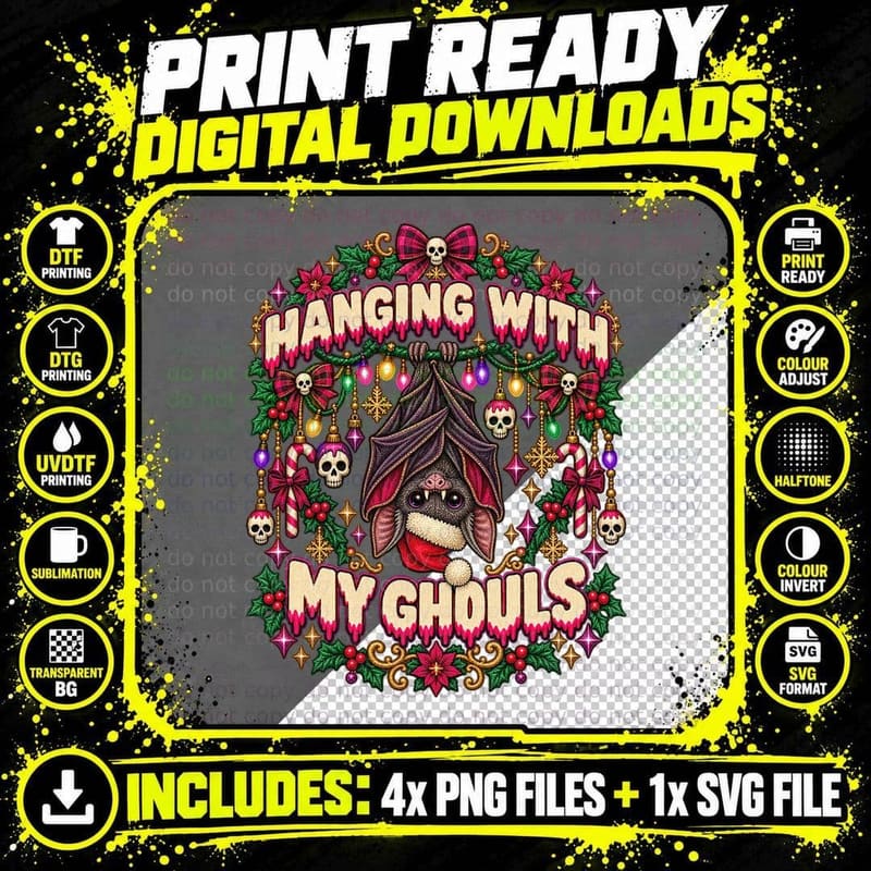 Hanging With My Ghouls Vampire Bat Gothic Ugly Sweater Png SVG Digital Bundle