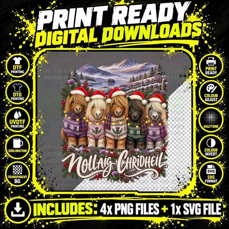 Highland Pony Christmas Ugly Sweater Nollaig Chridheil Png SVG Digital Bundle