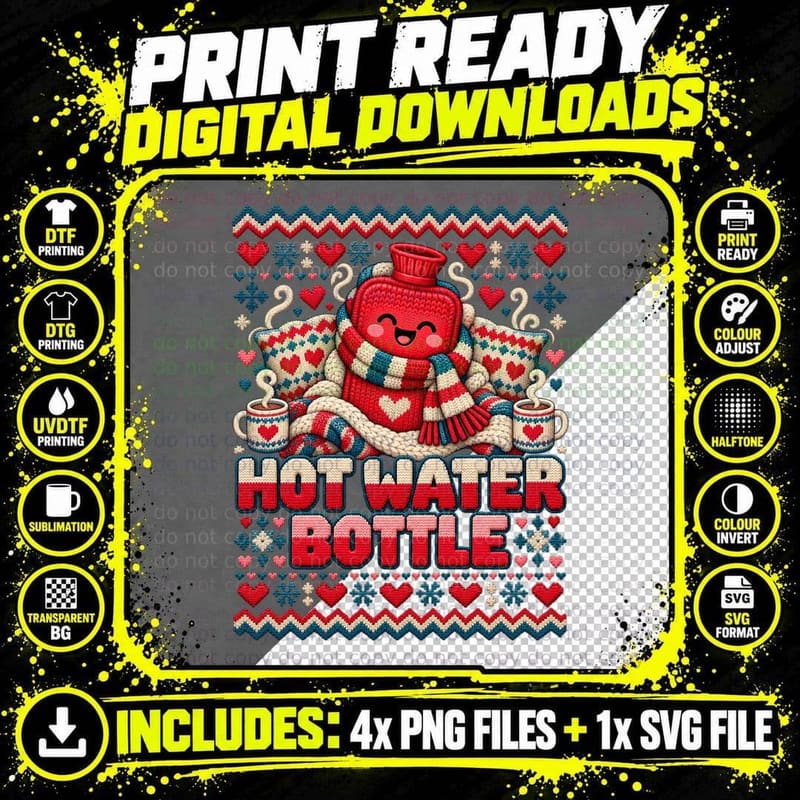 Hot Water Bottle Christmas Ugly Sweater Cosy Winter Png SVG Digital Bundle