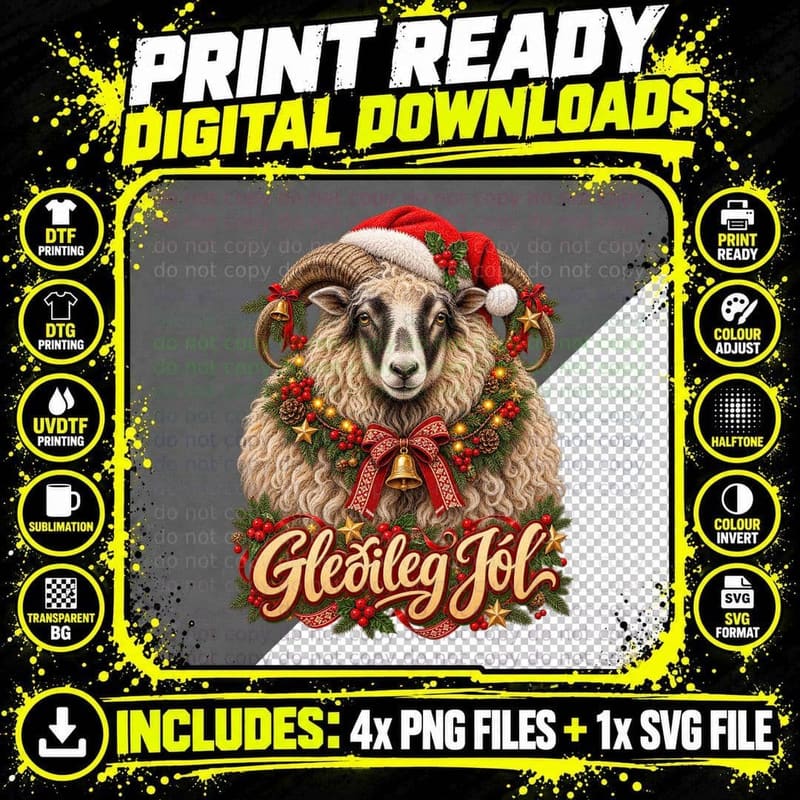 Icelandic Leader Sheep Christmas Ugly Sweater Gleðileg Png SVG Digital Bundle