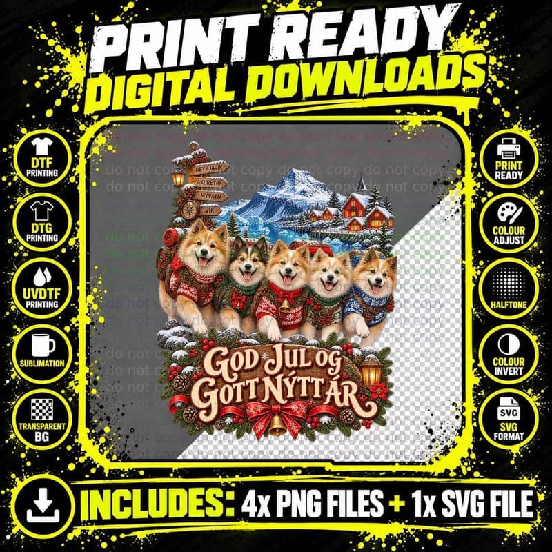 Icelandic Sheepdog Christmas Ugly Sweater Gleðileg Jól Png SVG Digital Bundle