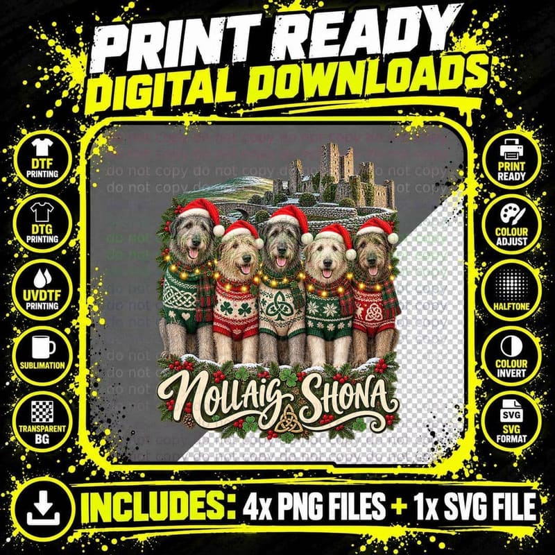 Irish Wolfhound Christmas Ugly Sweater Nollaig Shona Png SVG Digital Bundle