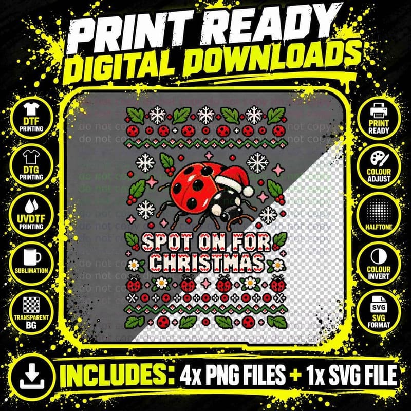 Ladybird Christmas Ugly Sweater Retro Pixel Seven Spot Png SVG Digital Bundle
