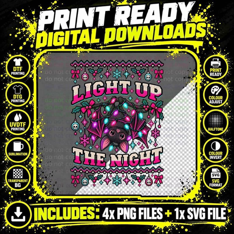 Long Eared Bat Christmas Ugly Sweater Neon Gothic Fairy Png SVG Digital Bundle