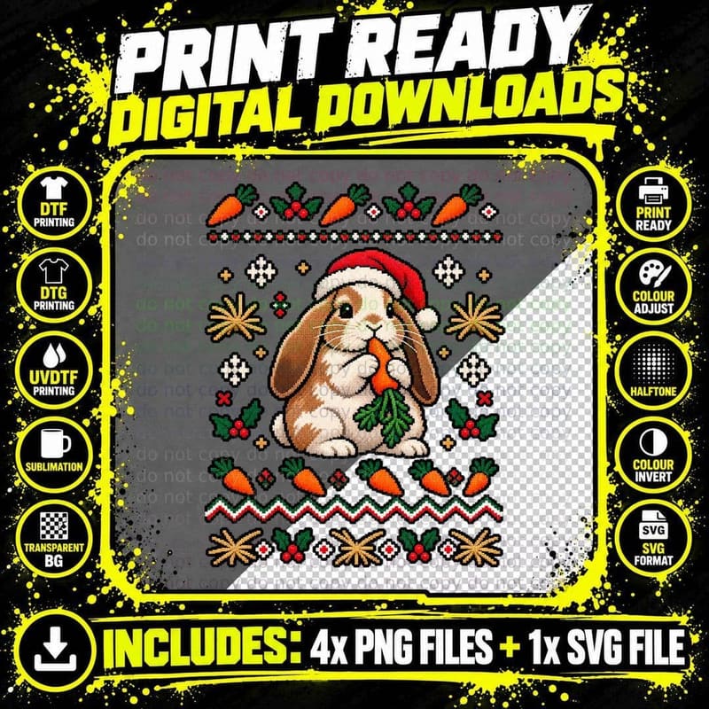 Lop Eared Rabbit Christmas Ugly Sweater Bunny Lover Png SVG Digital Bundle