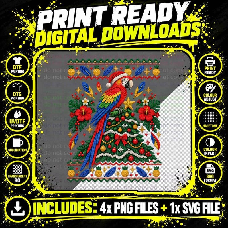 Macaw Ugly Sweater Christmas Parrot Rainbow Tropical Png SVG Digital Bundle