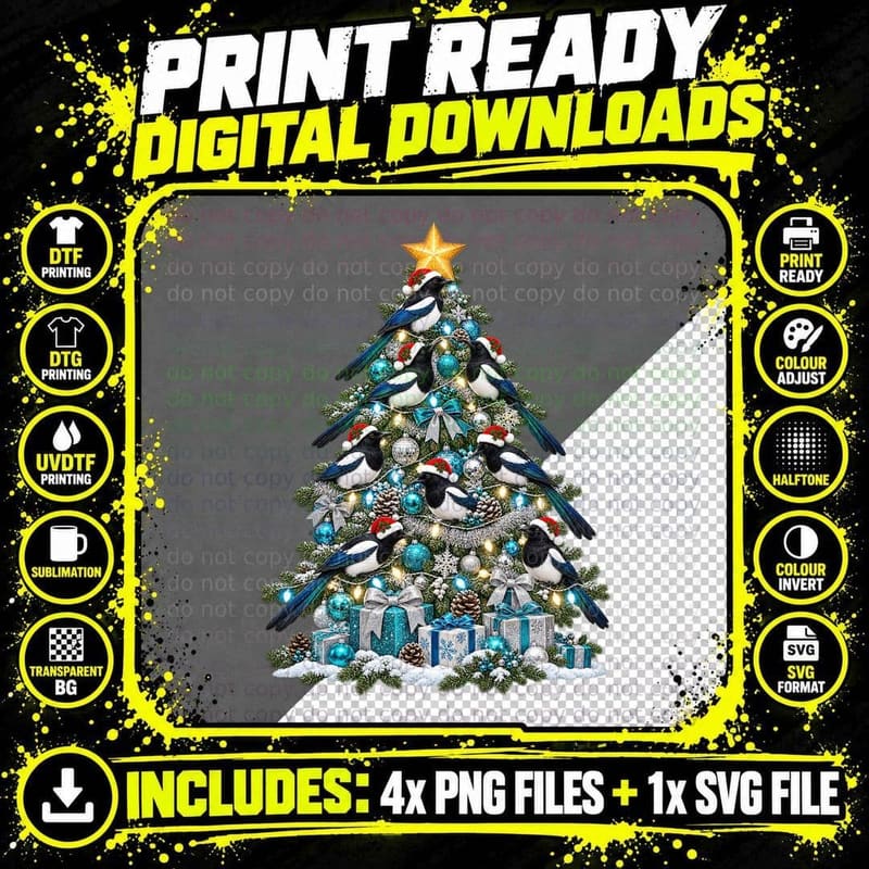 Magpie Christmas Tree Bird Lover Festive Wildlife Png SVG Digital Bundle