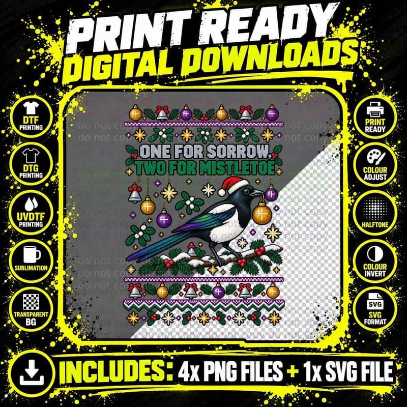 Magpie Christmas Ugly Sweater Retro Pixel Knit Png SVG Digital Bundle