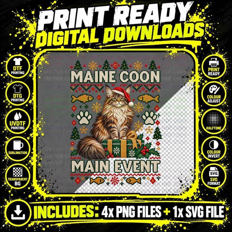Maine Coon Christmas Ugly Sweater Cat Lover Funny Png SVG Digital Bundle
