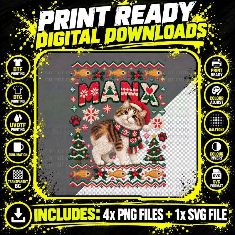 Manx Cat Christmas Ugly Sweater Mince Pie Funny Cat Png SVG Digital Bundle
