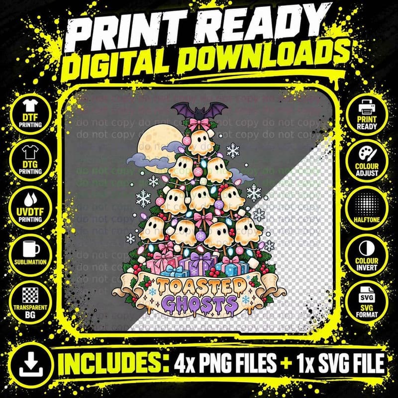 Marshmallow Ghost Christmas Tree Cute Kawaii Pastel Png SVG Digital Bundle
