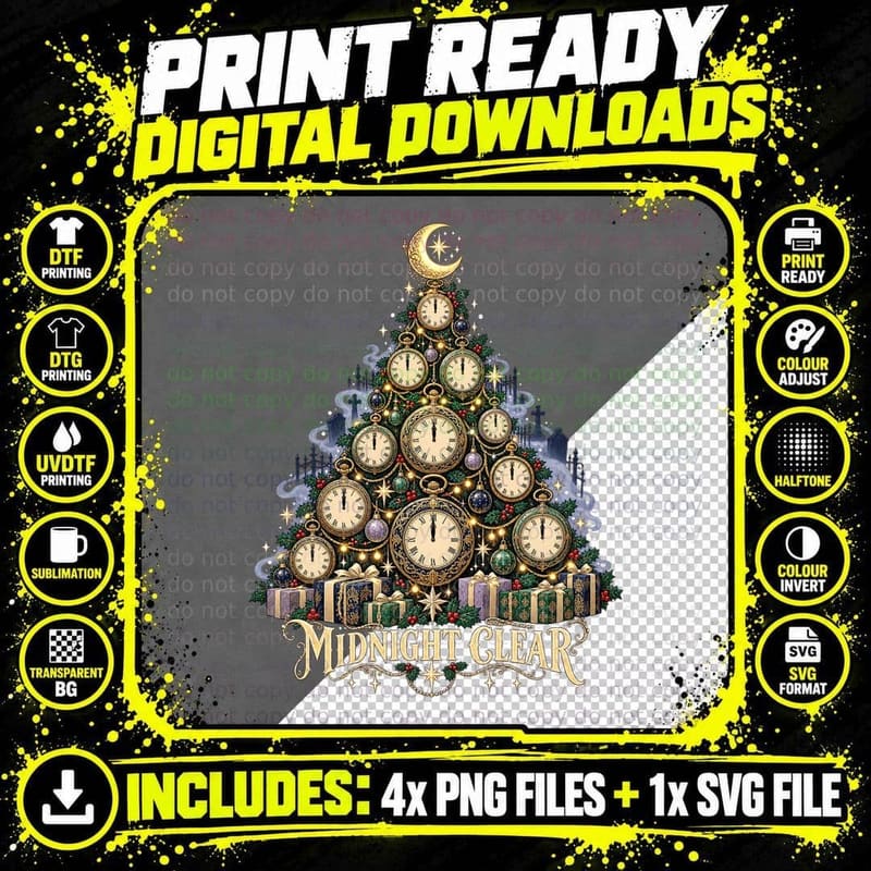 Midnight Clear Gothic Christmas Tree Pocket Watch Clocks Png SVG Digital Bundle