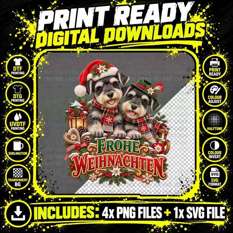 Miniature Schnauzer Christmas Frohe Weihnachten Cute Png SVG Digital Bundle