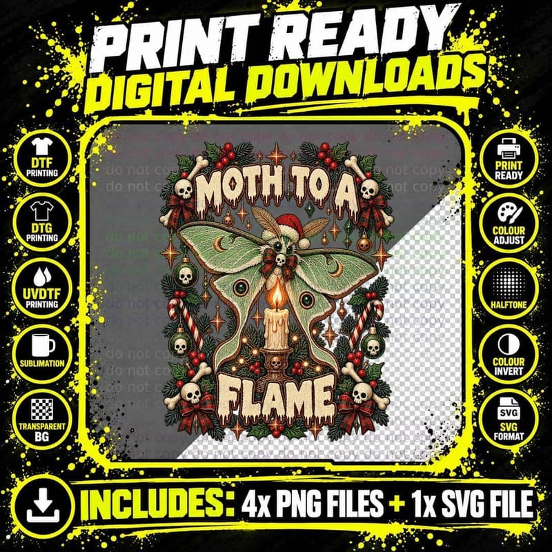Moth To a Flame Luna Moth Candle Gothic Christmas Skull Png SVG Digital Bundle