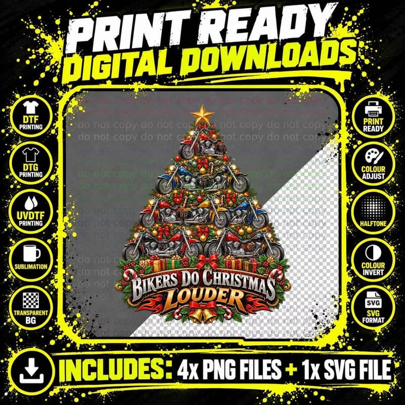 Motorbike Christmas Tree Vintage Biker Motorcycle Chrome Png SVG Digital Bundle