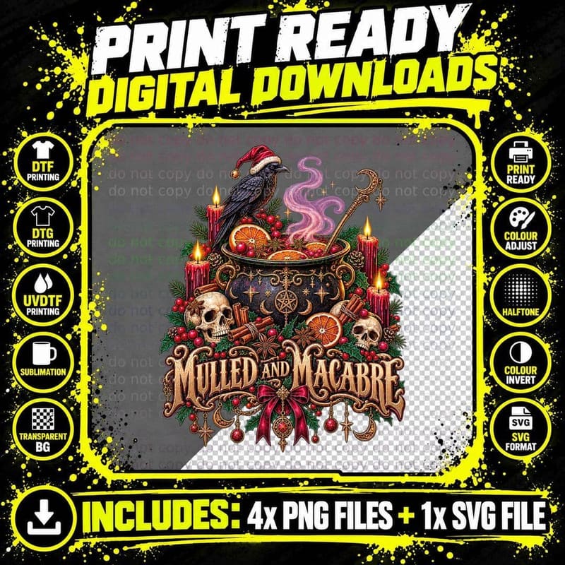Mulled And Macabre Gothic Christmas Wine Cauldron Raven Png SVG Digital Bundle