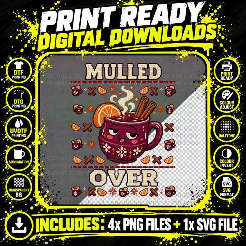 Mulled Over Funny Mulled Wine Mug Christmas Ugly Sweater Png SVG Digital Bundle