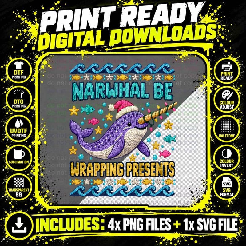 Narwhal Christmas Ugly Sweater Ocean Animal Holiday Png SVG Digital Bundle