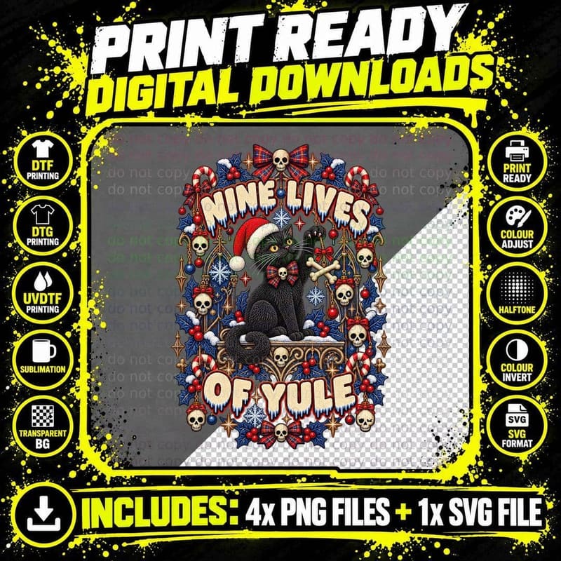 Nine Lives Black Cat Christmas Ugly Sweater Gothic Cat Png SVG Digital Bundle