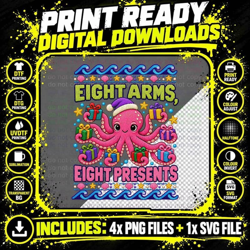 Octopus Christmas Ugly Sweater Eight Arms Presents Ocean Png SVG Digital Bundle