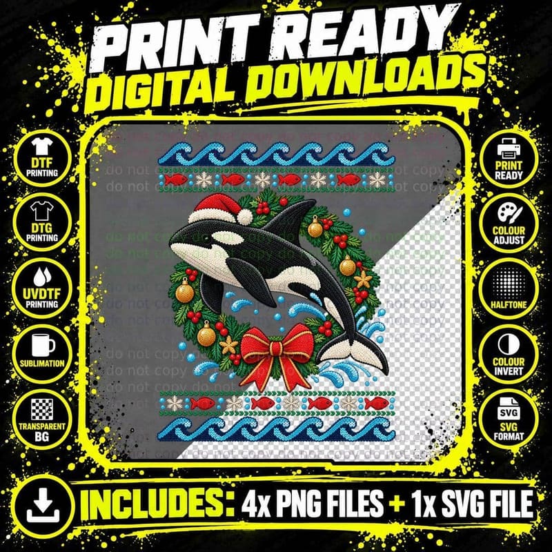 Orca Christmas Ugly Sweater Killer Whale Ocean Wildlife Png SVG Digital Bundle
