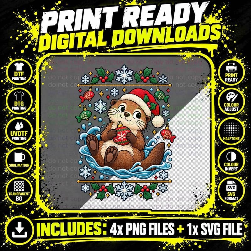 Otter Christmas Ugly Sweater Cute Aquatic Wildlife Png SVG Digital Bundle