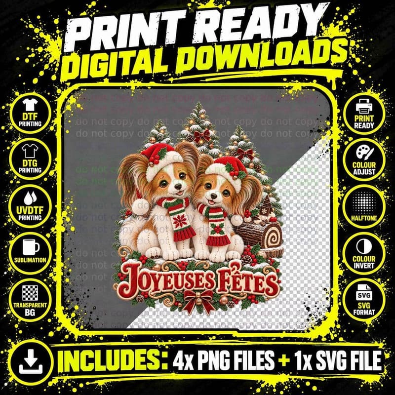 Papillon Puppy Christmas Joyeuses Fêtes French Dog Lover Png SVG Digital Bundle