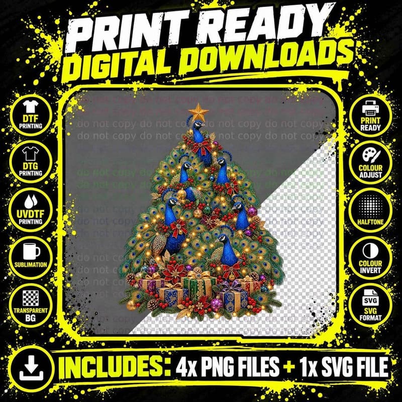 Peacock Christmas Tree Jewel Tone Bird Wildlife Blue Png SVG Digital Bundle