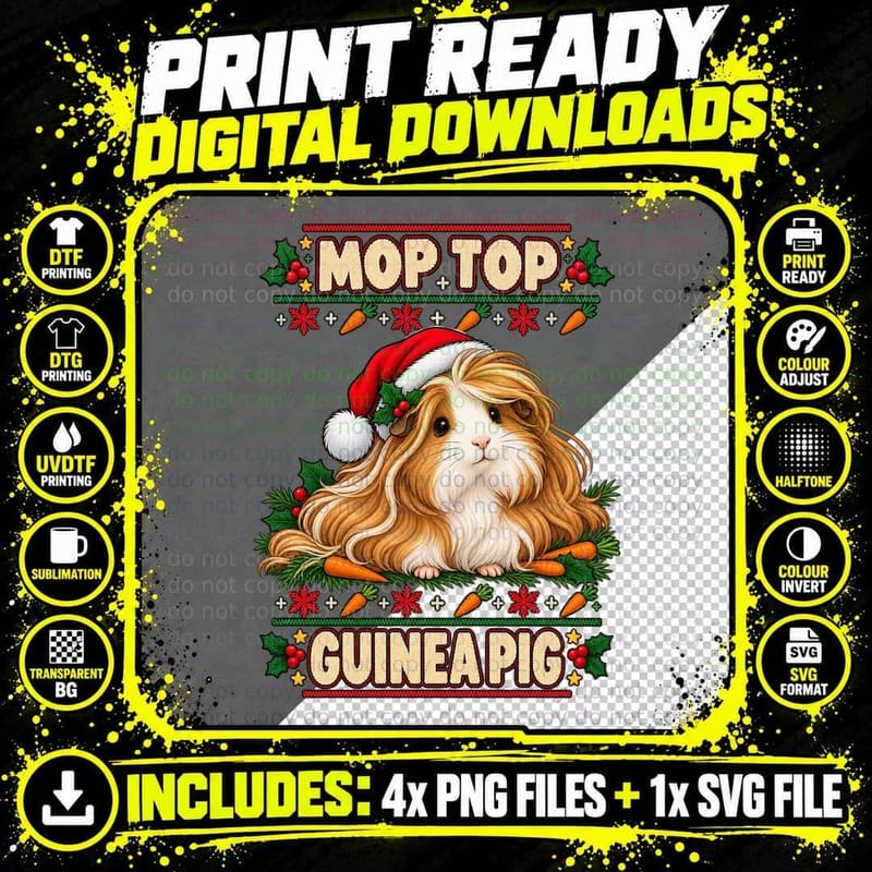 Peruvian Guinea Pig Christmas Ugly Sweater Mop Top Long Png SVG Digital Bundle