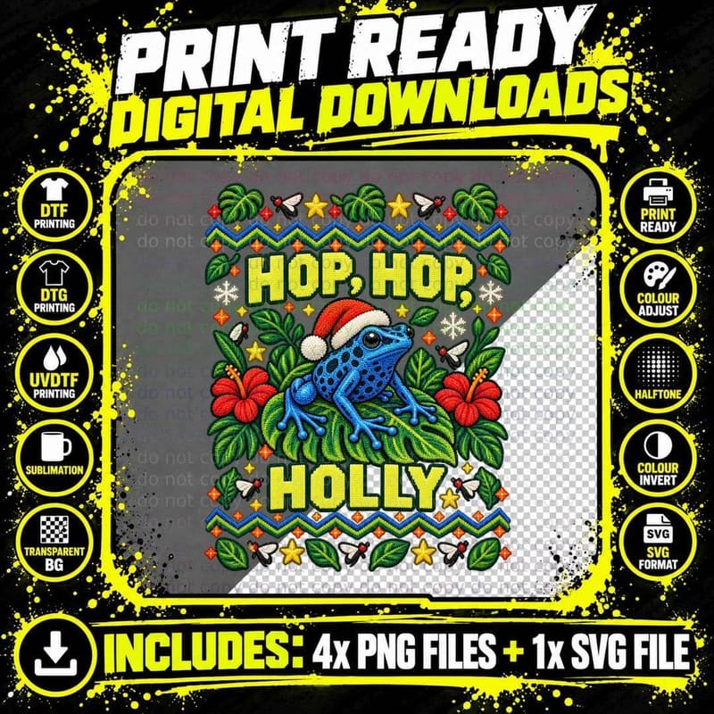 Poison Dart Frog Christmas Ugly Sweater Hop Hop Holly Png SVG Digital Bundle