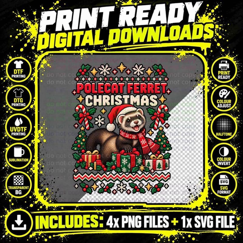 Polecat Ferret Christmas Ugly Sweater Stocking Thief Png SVG Digital Bundle