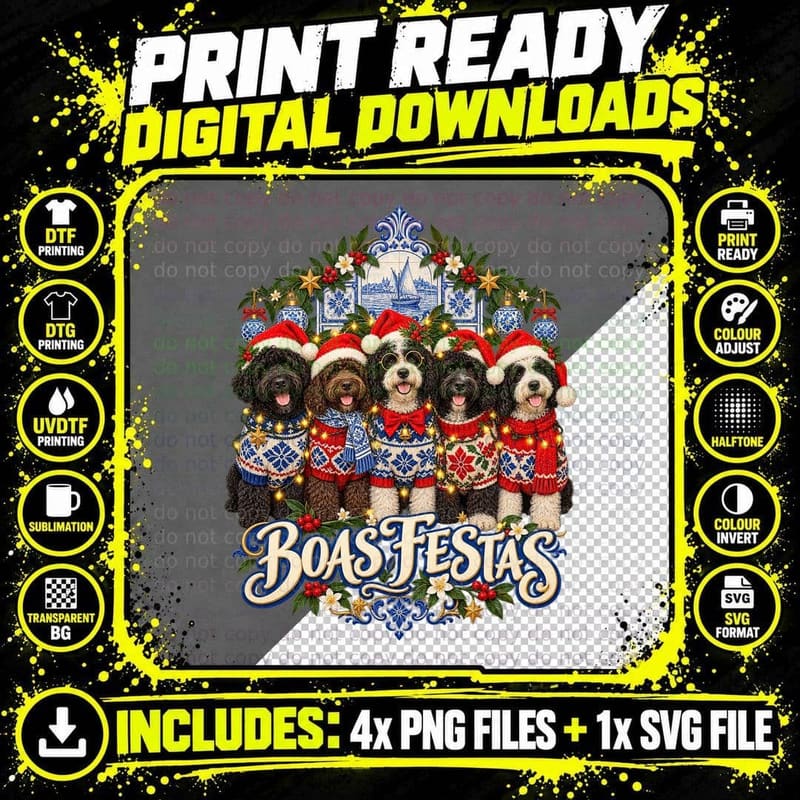 Portuguese Water Dog Christmas Ugly Sweater Azulejo Png SVG Digital Bundle