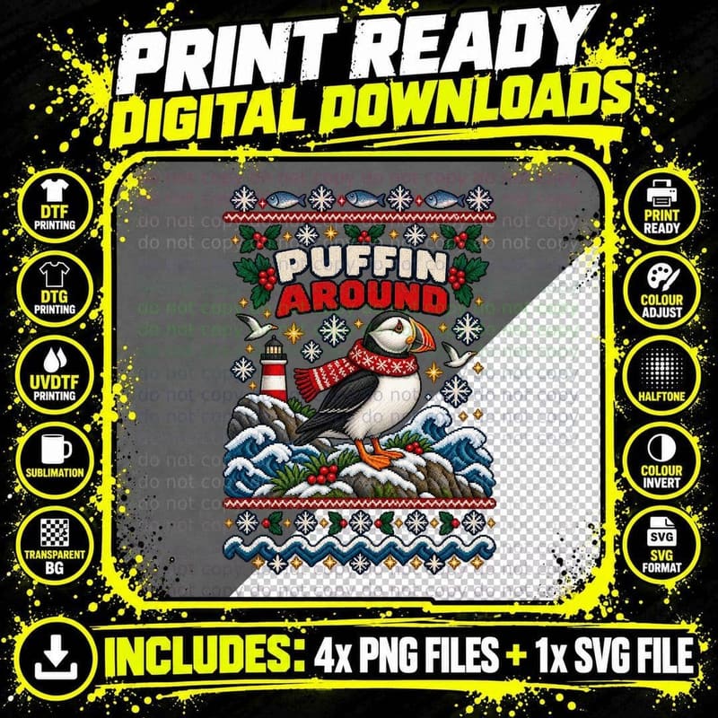 Puffin Christmas Ugly Sweater Retro Pixel Knit Coastal Png SVG Digital Bundle