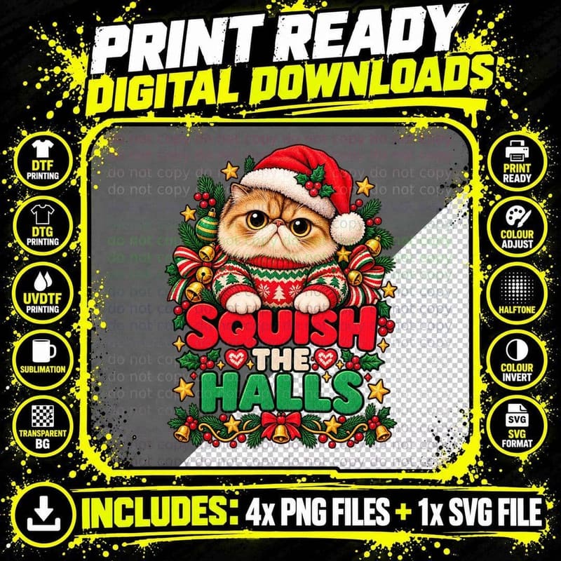 Pug Faced Cat Christmas Ugly Sweater Grumpy Cat Lover Png SVG Digital Bundle