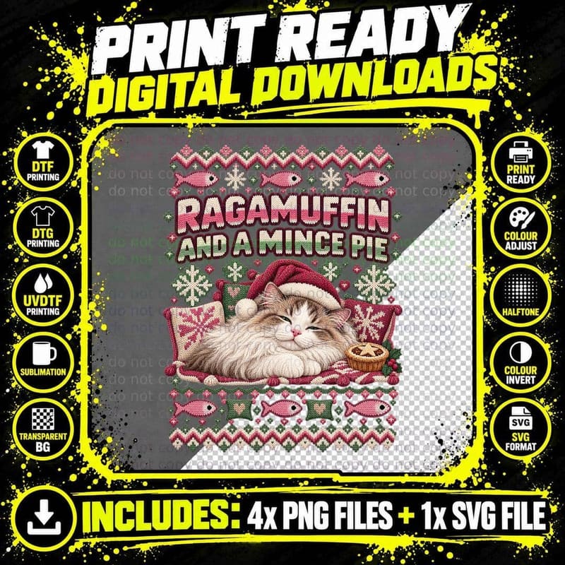Ragamuffin Cat Christmas Ugly Sweater Sleepy Cat Holiday Png SVG Digital Bundle