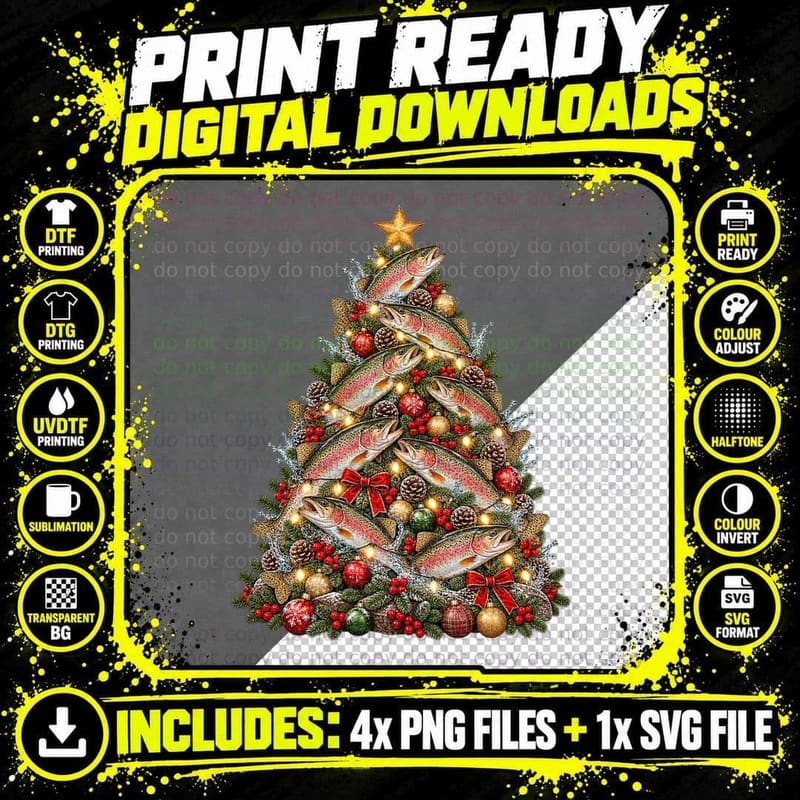 Rainbow Trout Christmas Watercolor Fish Tree Fly Fishing Png SVG Digital Bundle