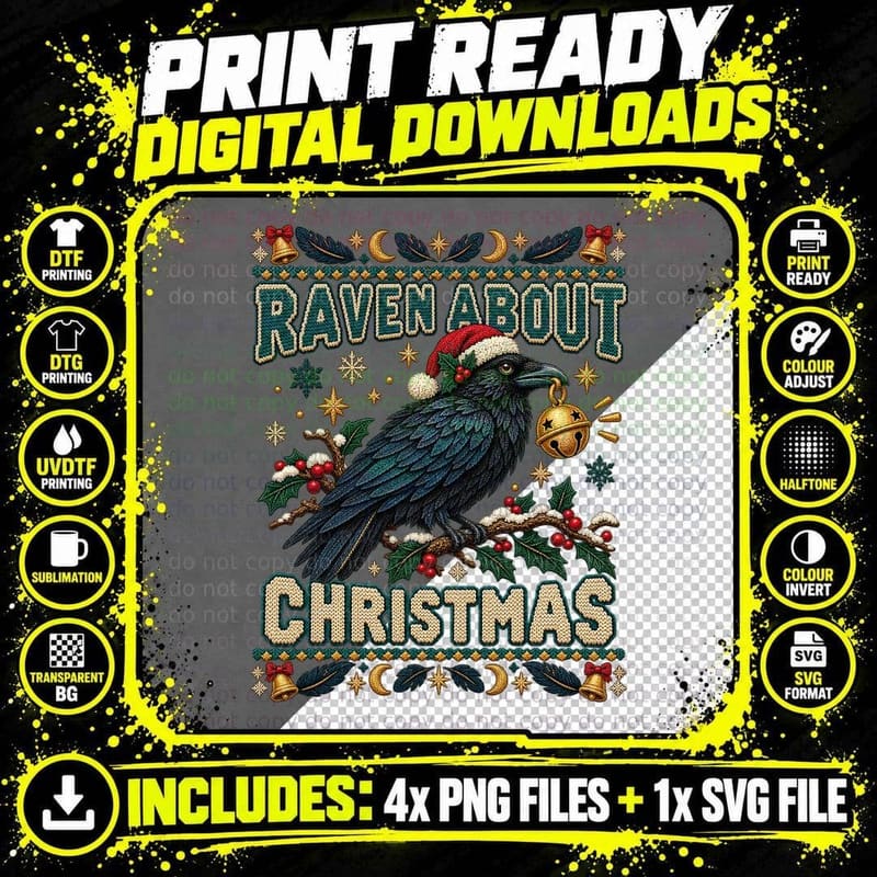 Raven Christmas Ugly Sweater Gothic Bird Gold Bell Png SVG Digital Bundle