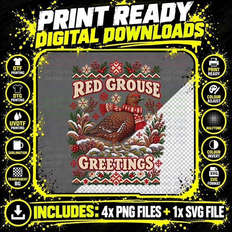 Red Grouse Greetings Christmas Ugly Sweater Scottish Png SVG Digital Bundle