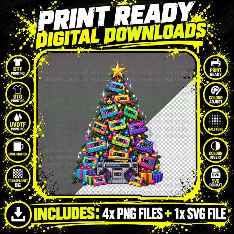 Retro Cassette Christmas Tree 80s Music Boombox Neon Png SVG Digital Bundle
