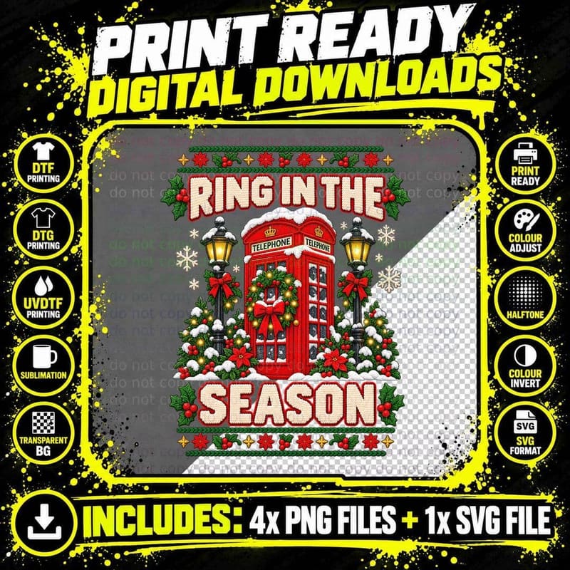 Ring In The Season British Telephone Box Christmas Ugly Png SVG Digital Bundle