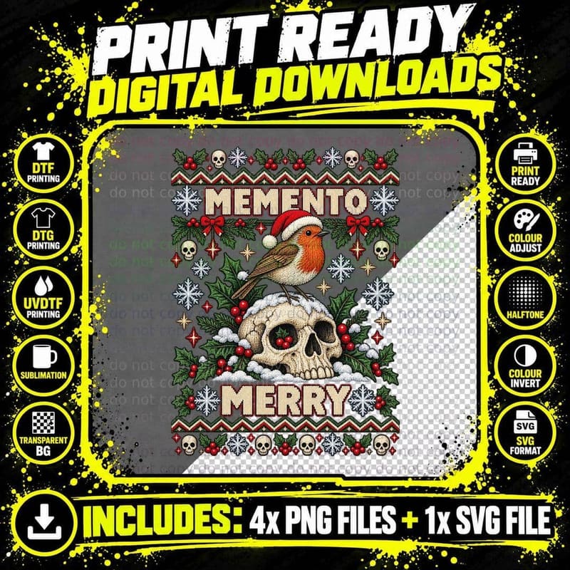 Robin Skull Christmas Ugly Sweater Vintage Gothic Winter Png SVG Digital Bundle