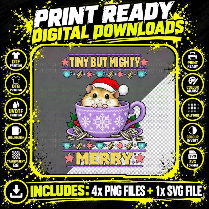 Roborovski Hamster Christmas Ugly Sweater Tiny Mighty Png SVG Digital Bundle