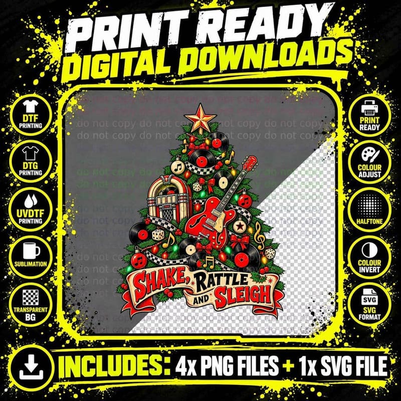 Rockabilly Christmas Rock And Roll Vinyl Records Retro Png SVG Digital Bundle