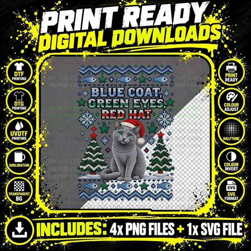 Russian Blue Christmas Ugly Sweater Green Eyes Santa Hat Png SVG Digital Bundle