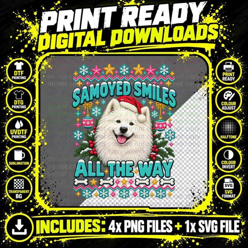 Samoyed Christmas Ugly Sweater Samoyed Smiles Fluffy Dog Png SVG Digital Bundle