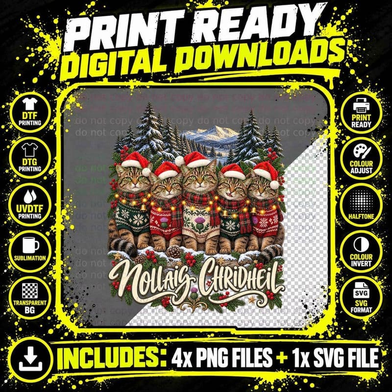 Scottish Wildcat Christmas Ugly Sweater Nollaig Png SVG Digital Bundle