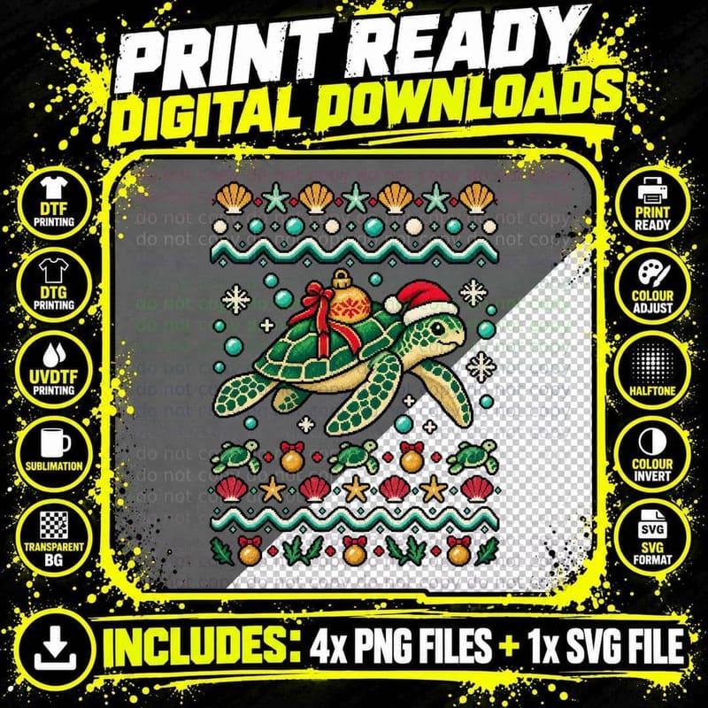 Sea Turtle Christmas Ugly Sweater Retro Pixel Coastal Png SVG Digital Bundle