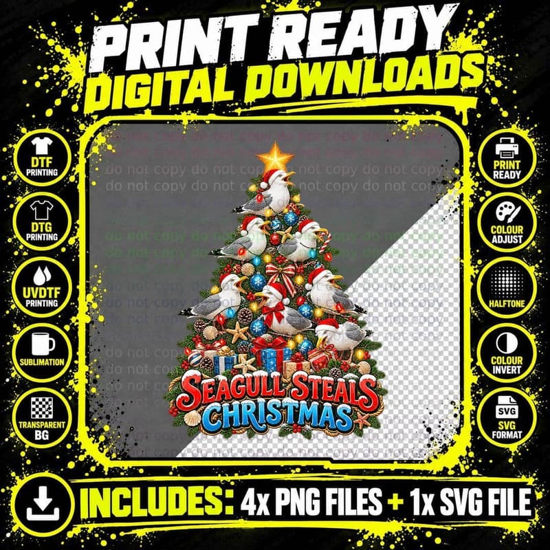 Seagull Steals Christmas Funny Seaside Bird Lover Png SVG Digital Bundle